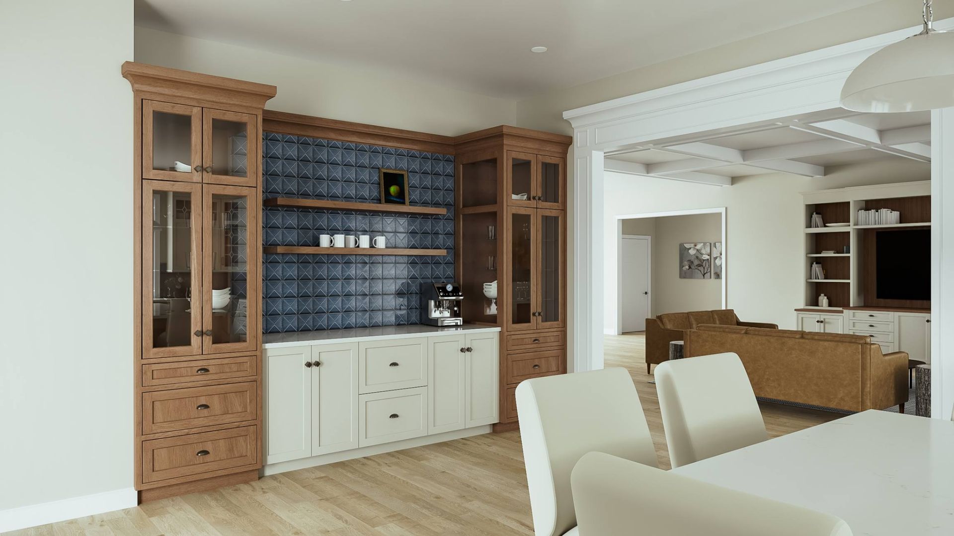 A dining room with a table and chairs and a living room with a couch.