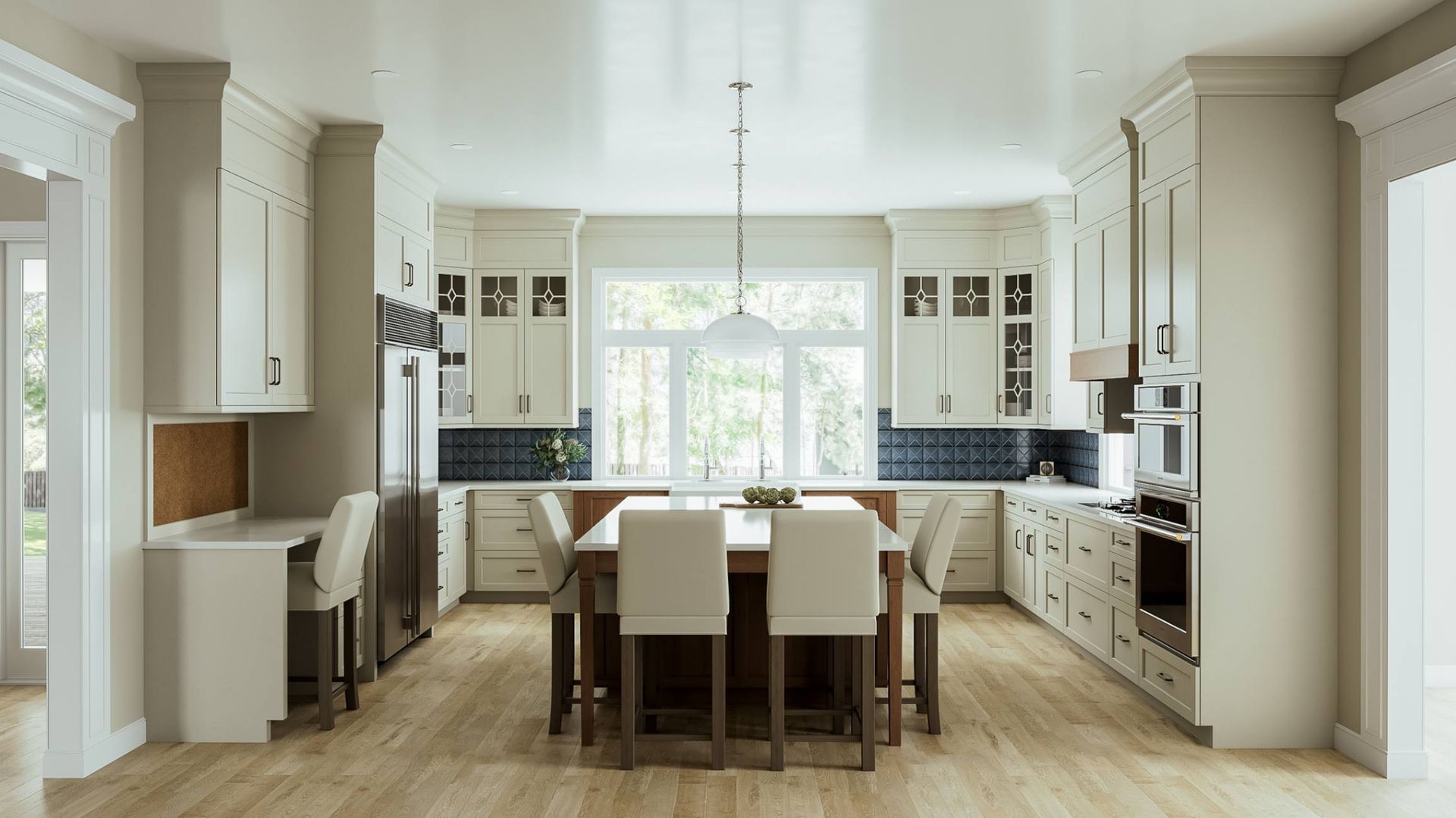 A 3d rendering of a kitchen with white cabinets and stainless steel appliances and a large island.
