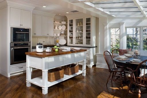 There is a large island in the middle of the kitchen.