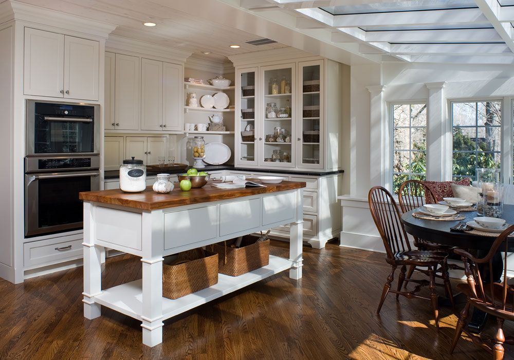 A kitchen with a large island and a dining table
