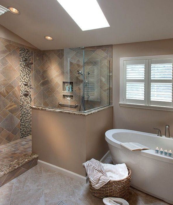 A bathroom with a tub a shower and a window