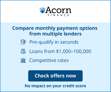 Advertisement for Acorn Finance: Compare loan offers. Features include pre-qualification, loans, and competitive rates.