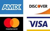Logos for AMEX, Discover, Mastercard, and Visa credit cards.