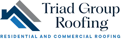 Logo for Triad Group Roofing, with a house roof icon in blue and gray, company name, and service description.