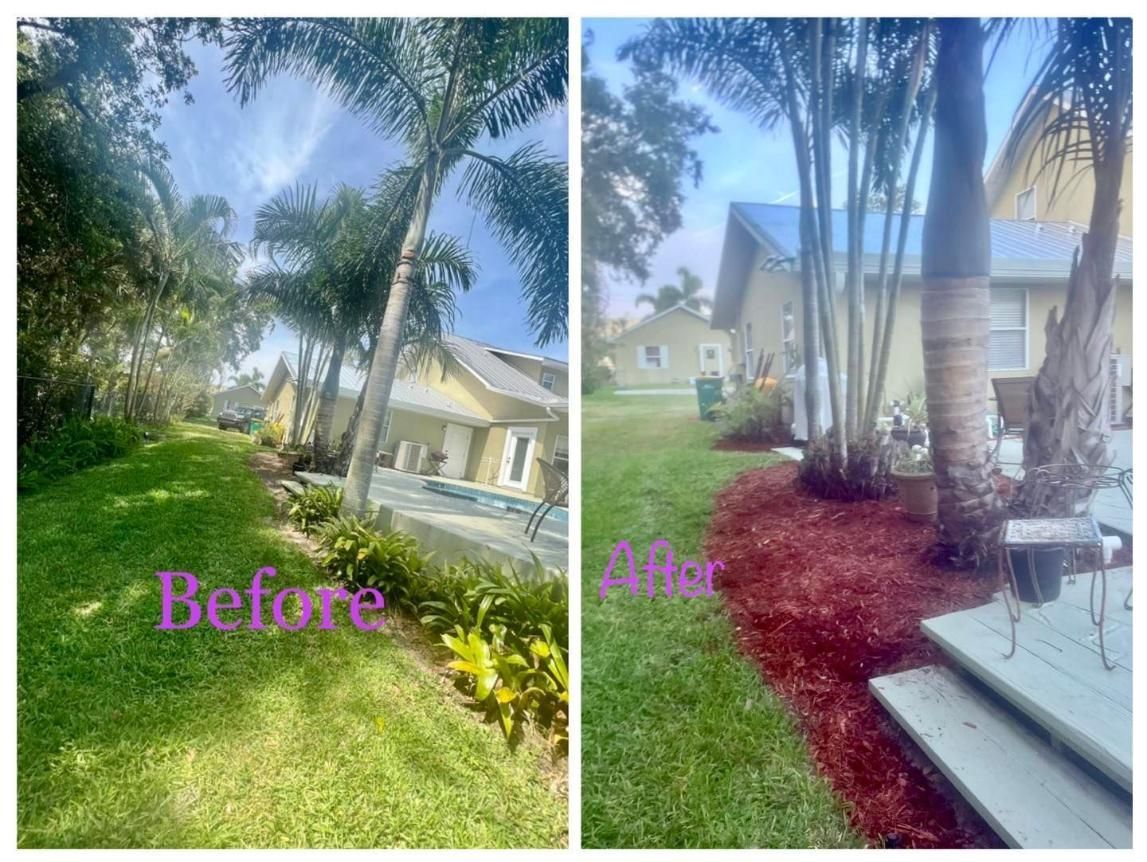 Before-and-after yard: overgrown green lawn on left, cleared mulch beds and deck on right.