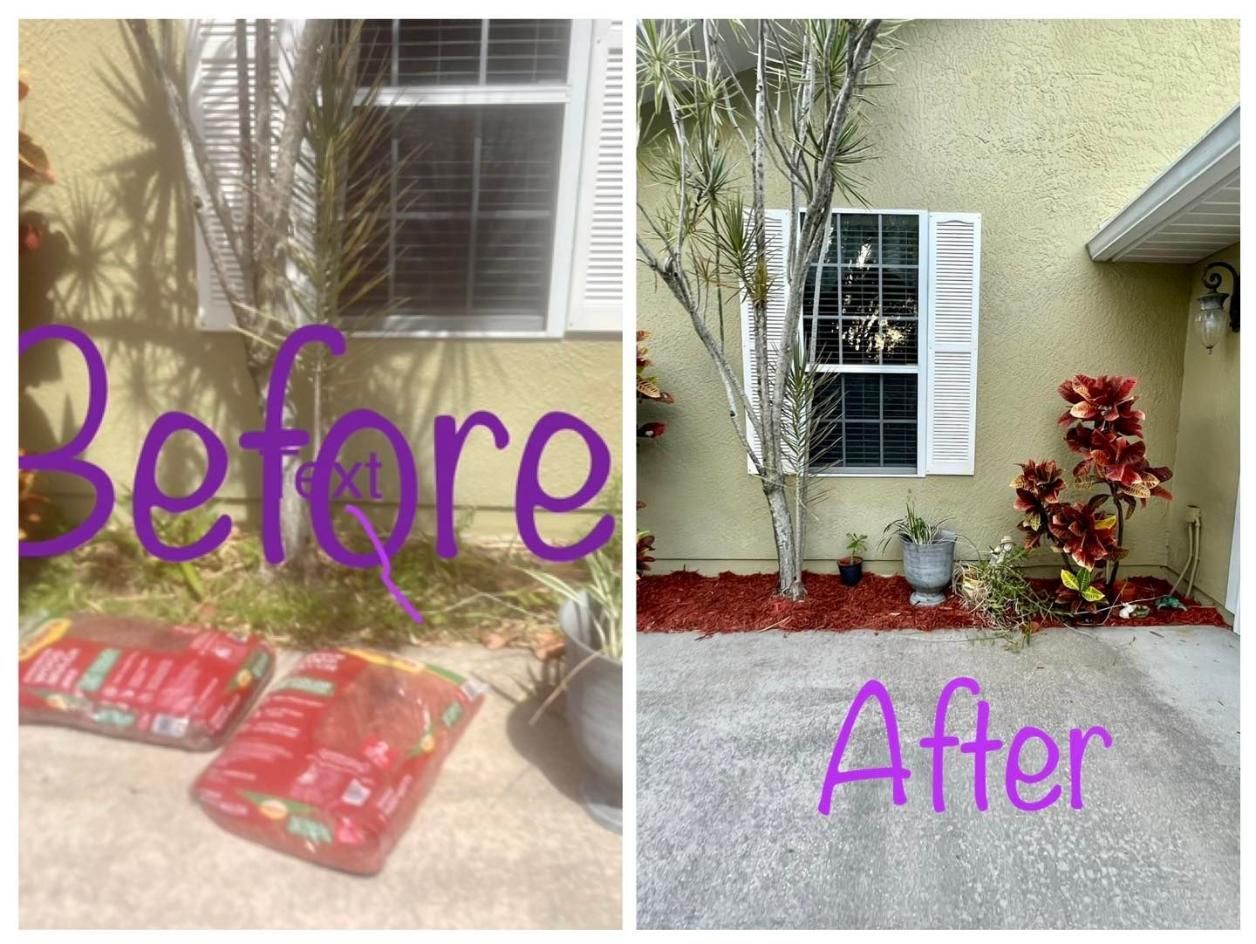 Before-and-after patio makeover with potted plants and red mulch by a house window.