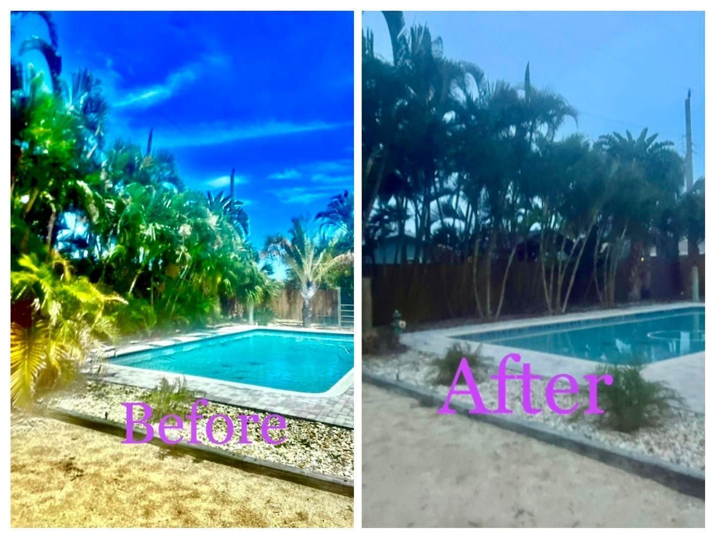 Before-and-after poolside view: bright tropical landscape compared with a darker, muted version.