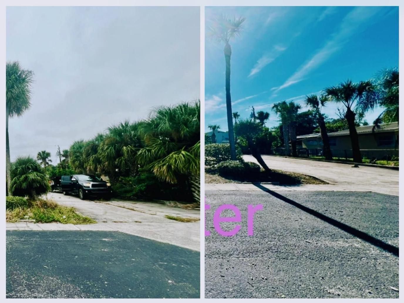 Two side-by-side street views with palm trees, a car, and bright blue skies.
