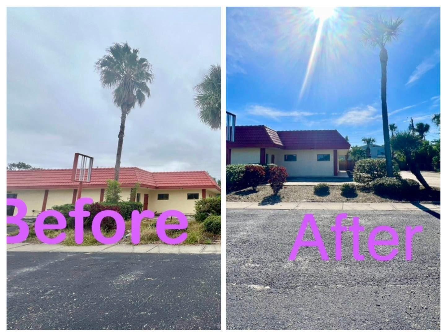 Before-and-after of a house and yard with trimmed palm trees and a clear blue sky.