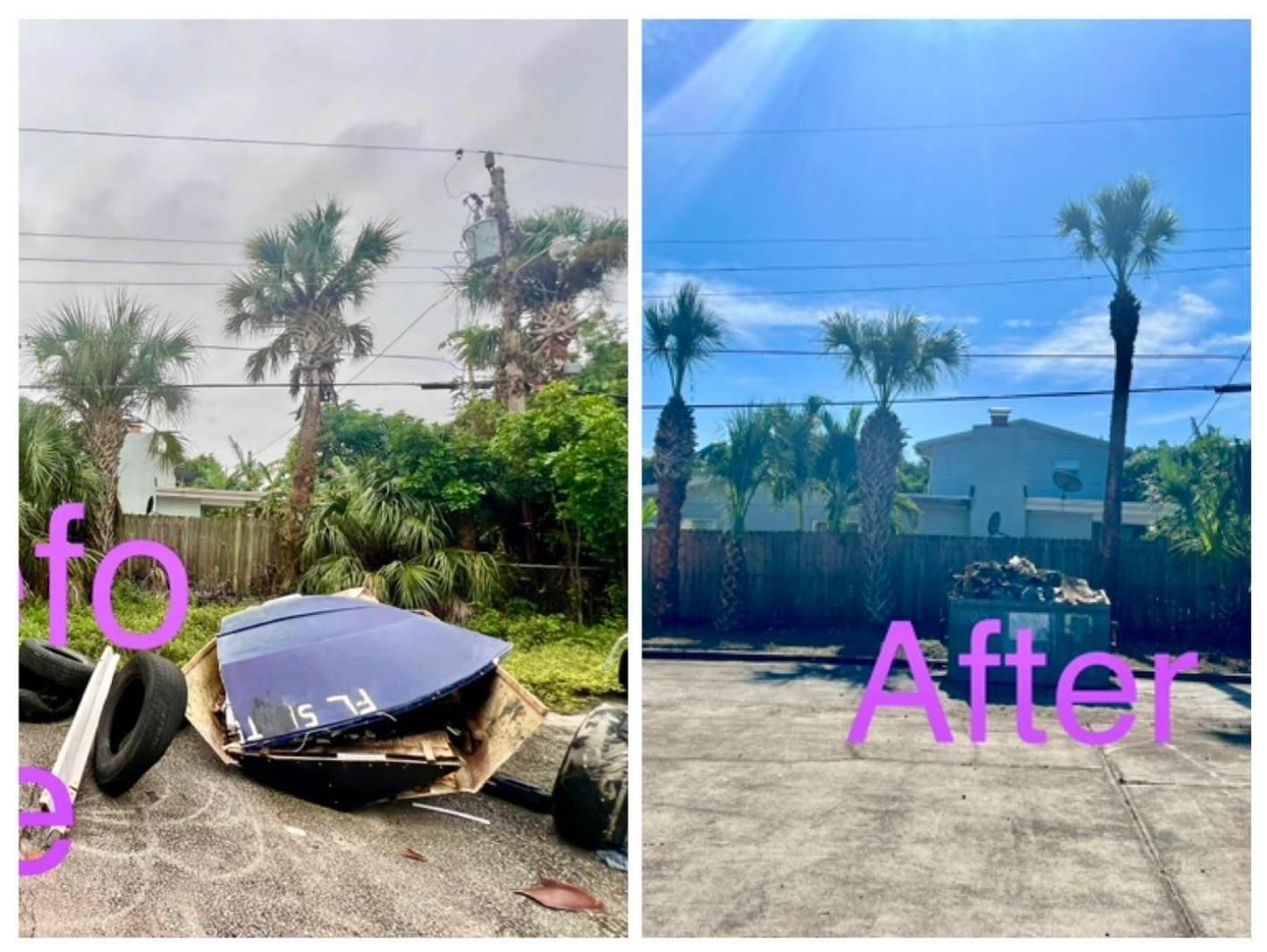 Before-and-after of a flood-damaged car beside palm trees and a building under a cloudy blue sky.