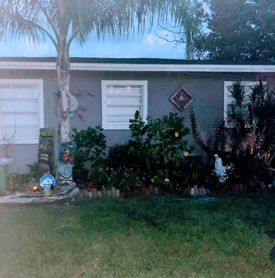 House front yard with palm trees, garden plants, and decorative yard art against a gray exterior wall