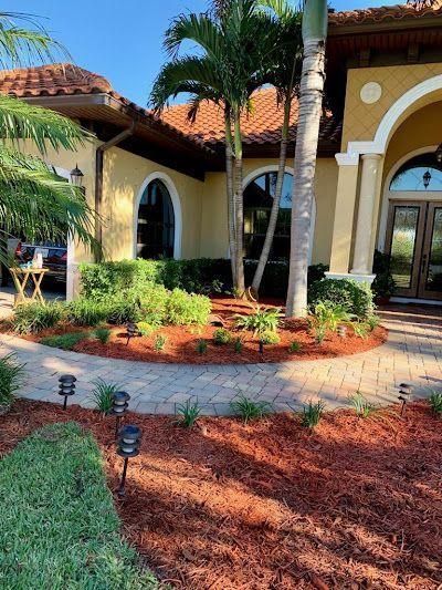 Tropical home exterior with arched entrance, palm trees, and landscaped garden with red mulch