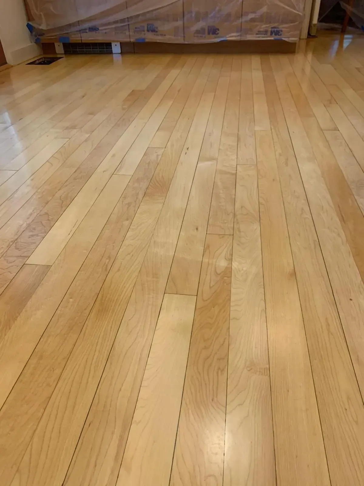 Light-colored wooden floorboards with long, parallel planks, angled view.
