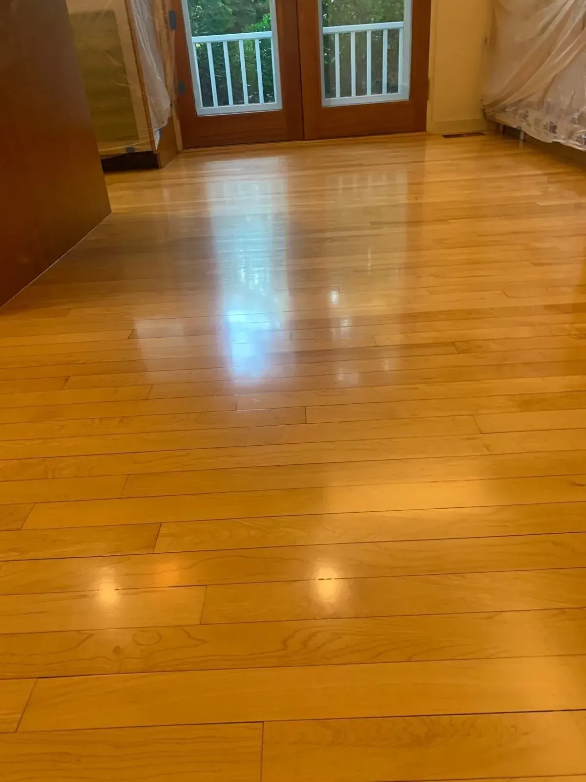 Wooden floor reflecting light, with French doors and curtains in the background.