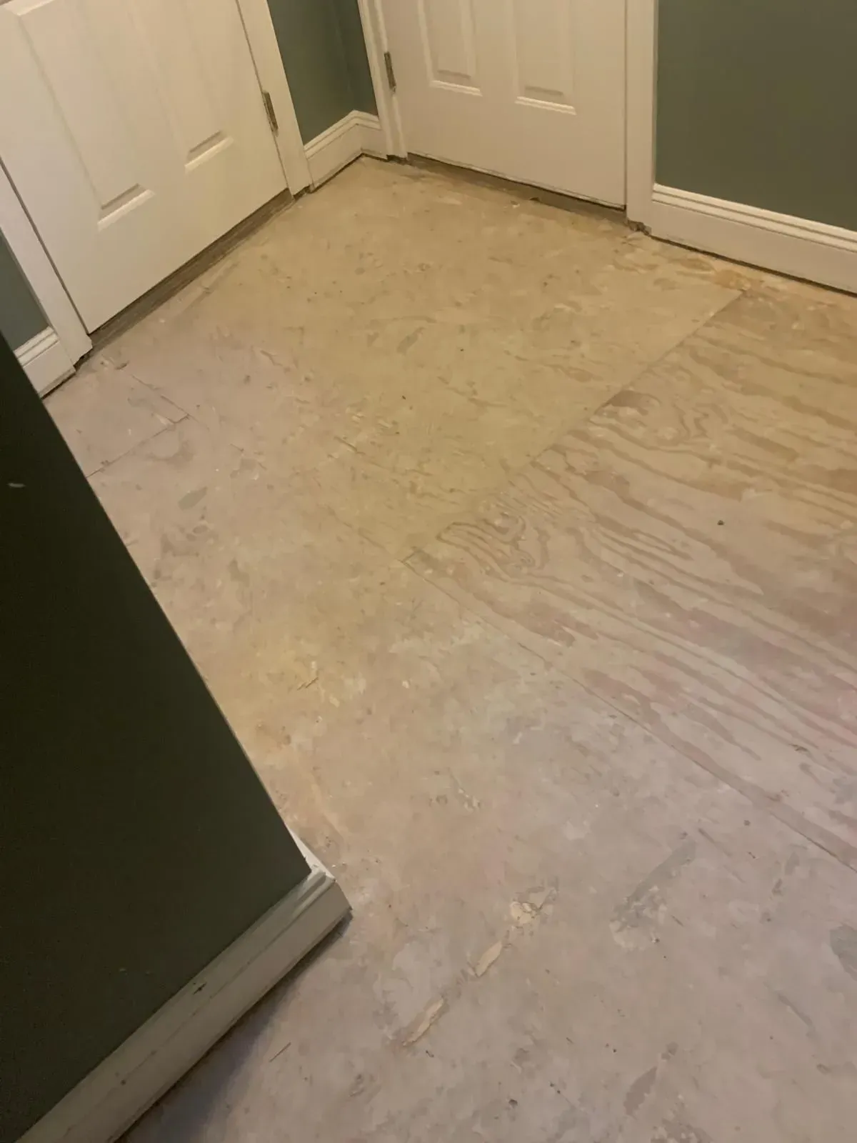 Bare plywood floor with doors and green walls.