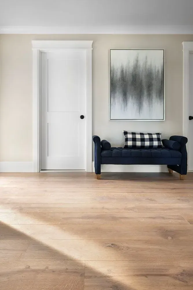 Wooden floor, white door, navy bench with black and white pillow, abstract black and white art.