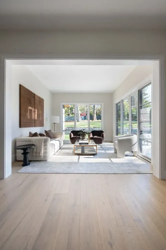 Living room with white walls, light wood floor, large windows, and modern furniture.