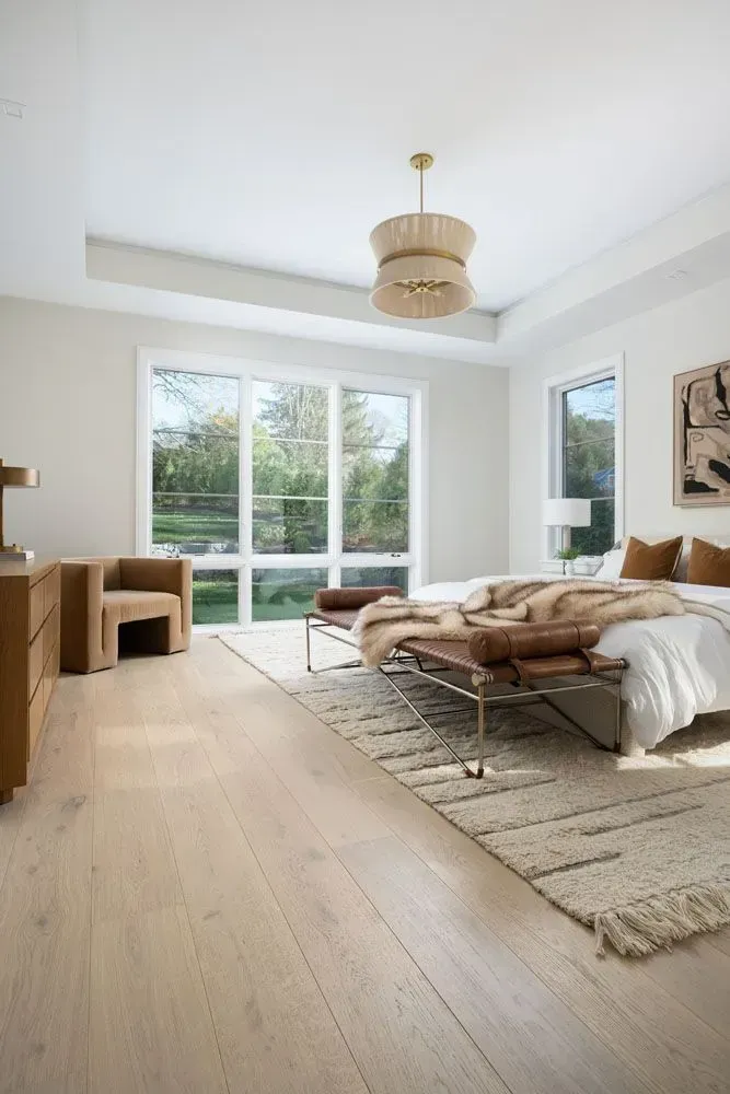 Modern bedroom with large windows, light wood floors, neutral tones, and a plush rug.