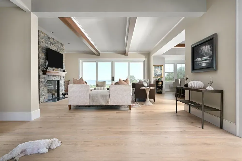 Light-filled living room with wood floors, stone fireplace, ocean view, and a small dog lying on the floor.