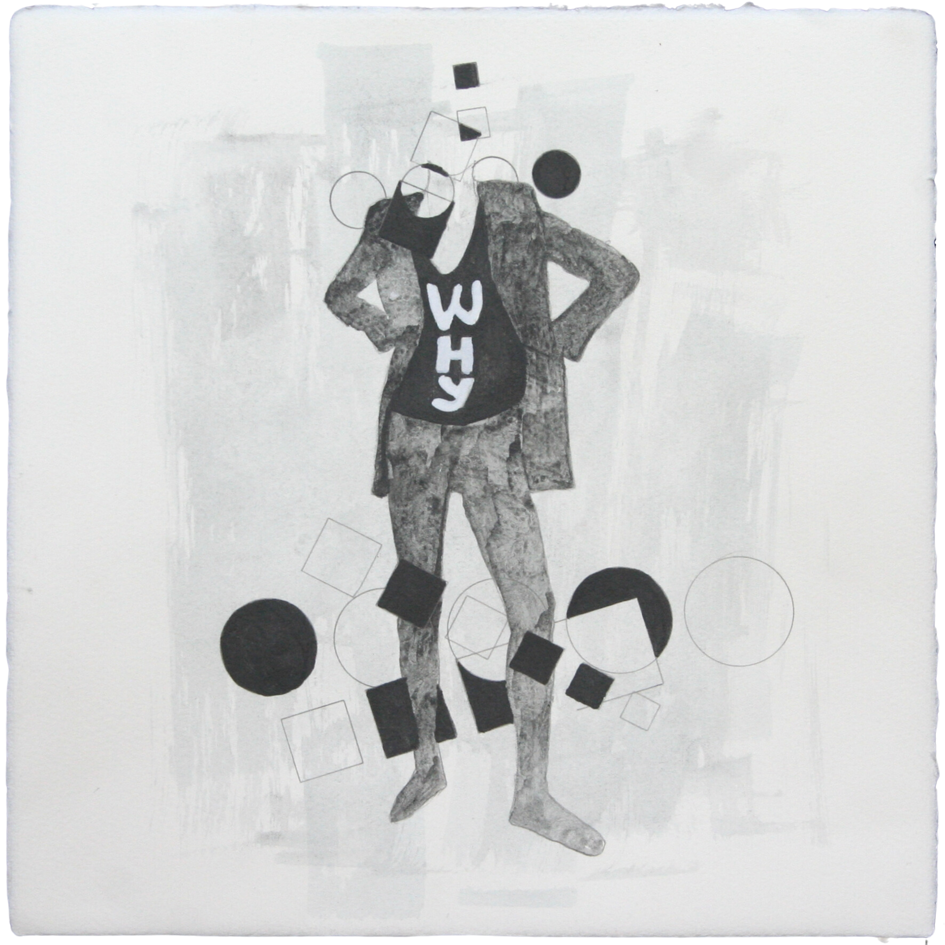 Black and white Ennio Benaia artwork featuring a person , dressed in a t-shirt that reads 'WHY'.