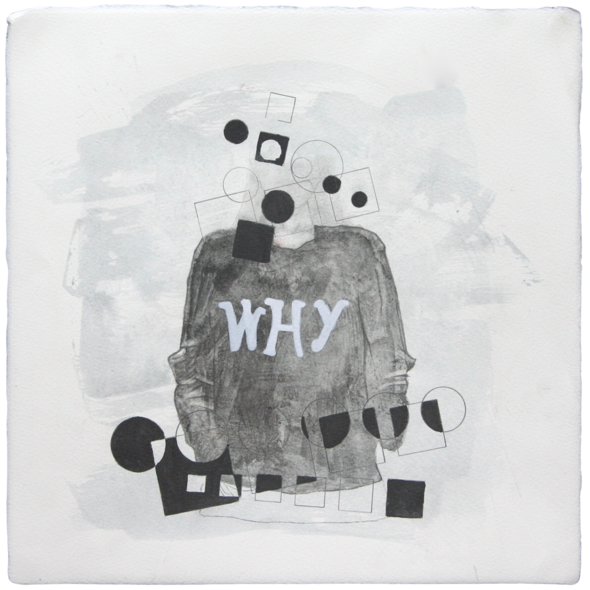 Black and white Ennio Benaia artwork featuring a person , dressed in a t-shirt that reads 'WHY'.