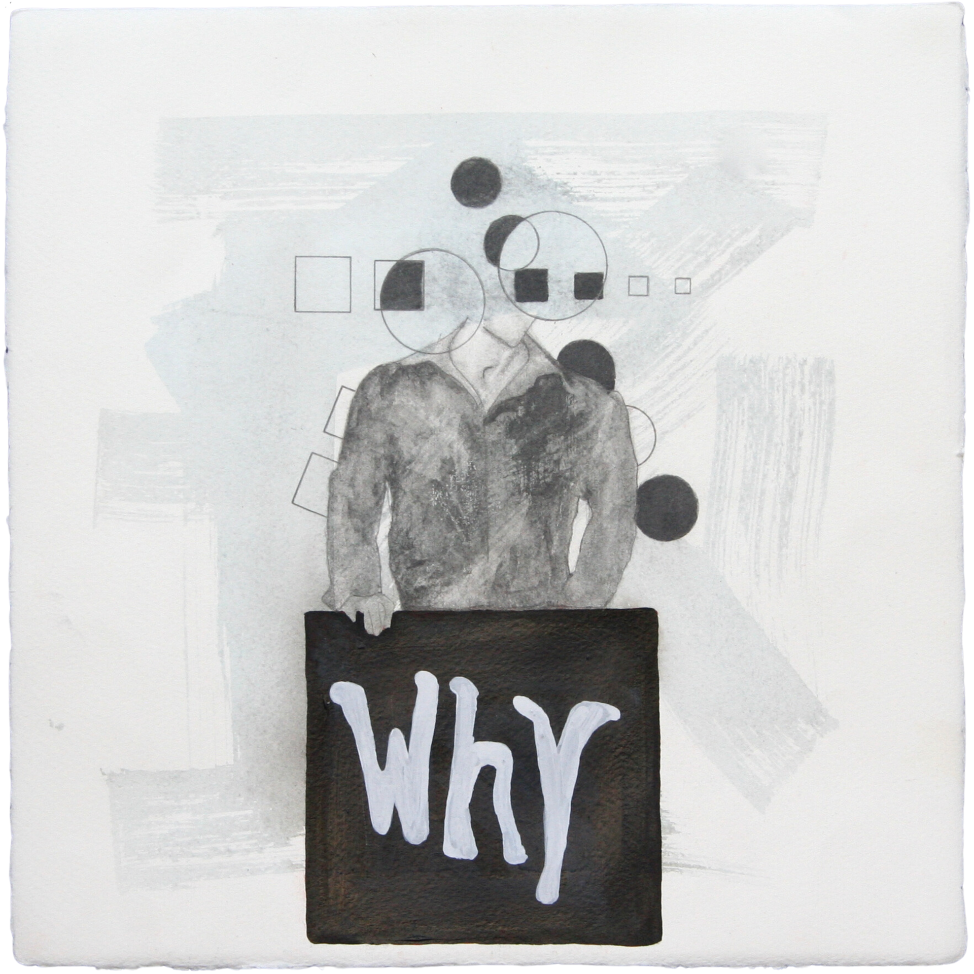Black and white Ennio Benaia artwork featuring a person , dressed in a t-shirt that reads 'WHY'.