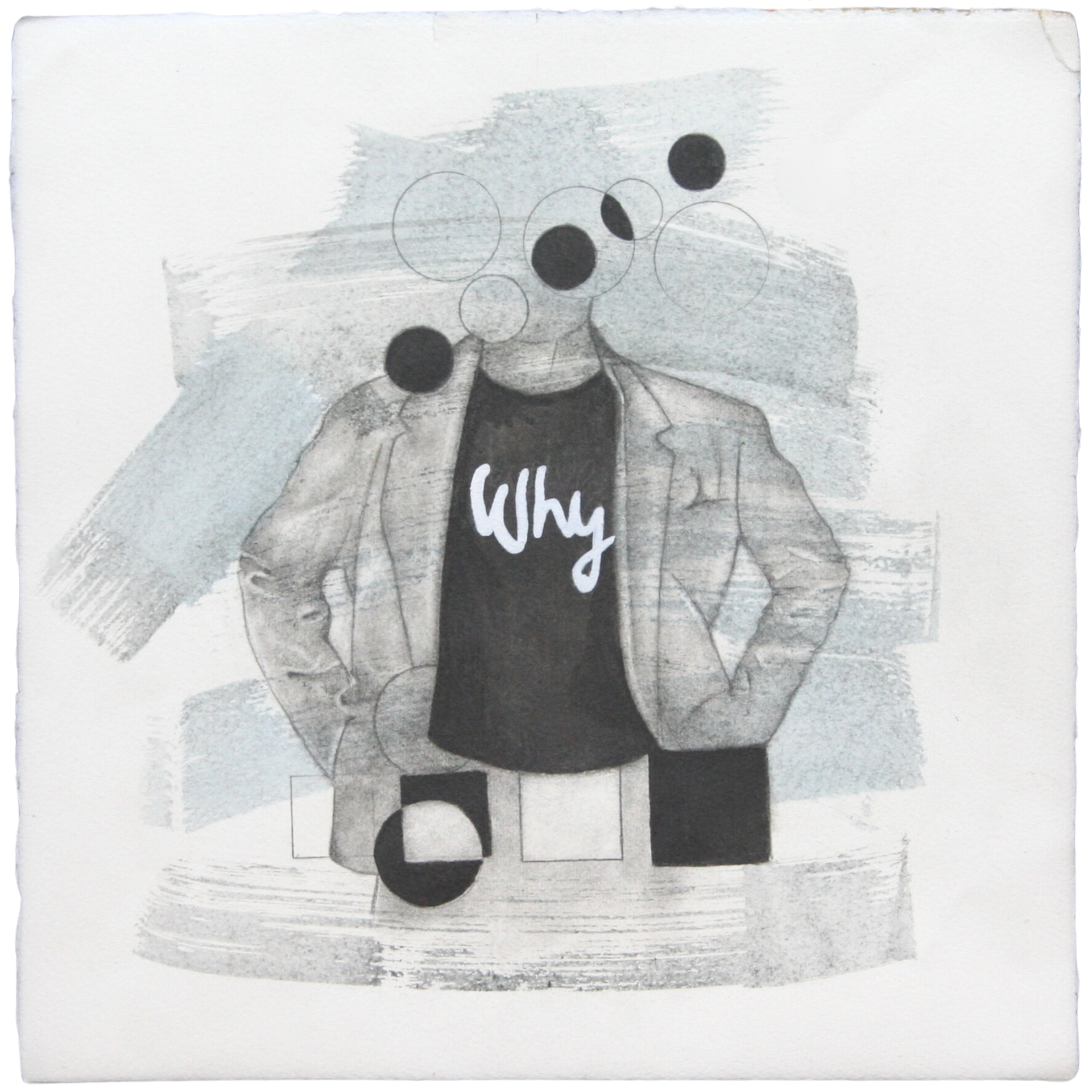 Black and white Ennio Benaia artwork featuring a person , dressed in a t-shirt that reads 'WHY'.