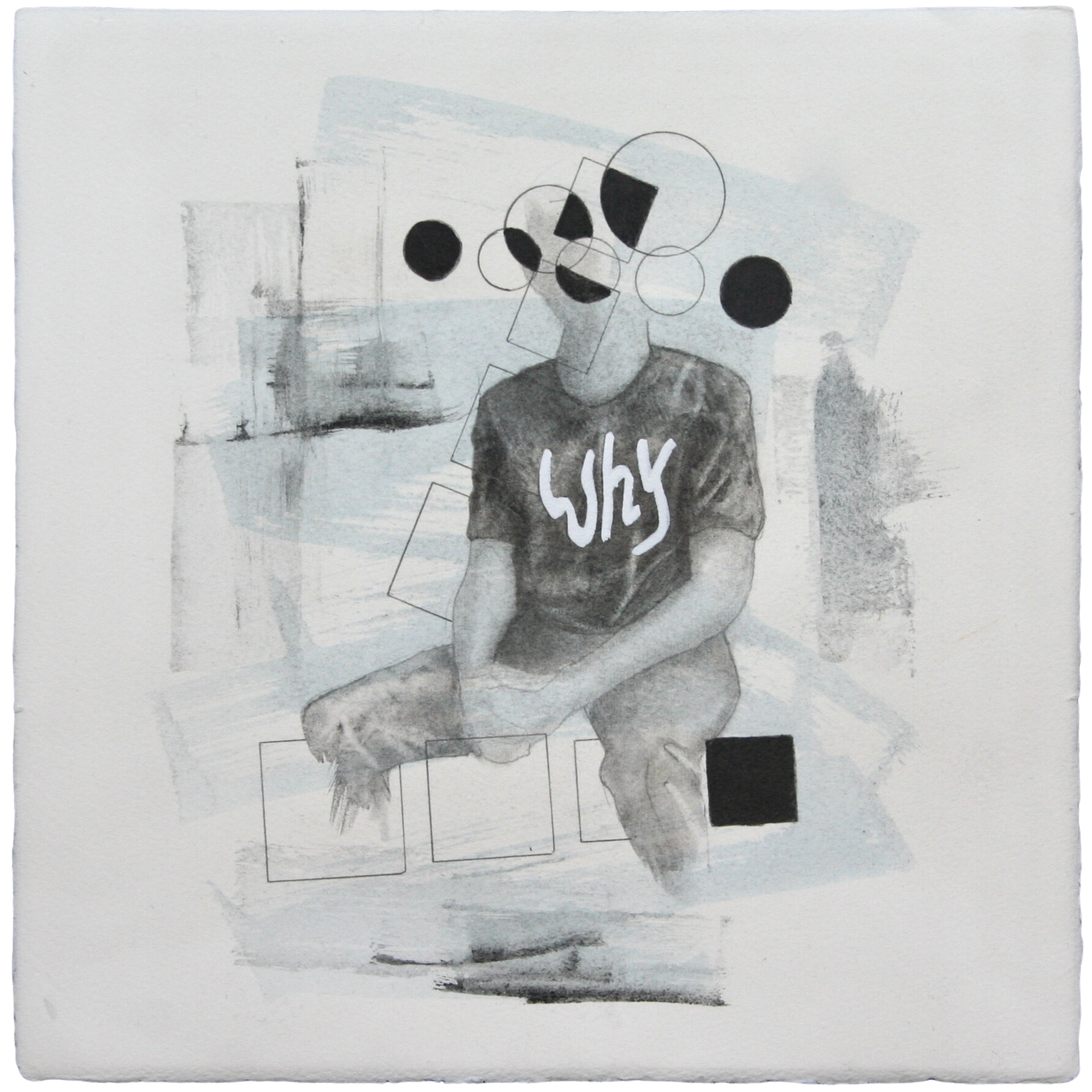 Black and white Ennio Benaia artwork featuring a person , dressed in a t-shirt that reads 'WHY'.