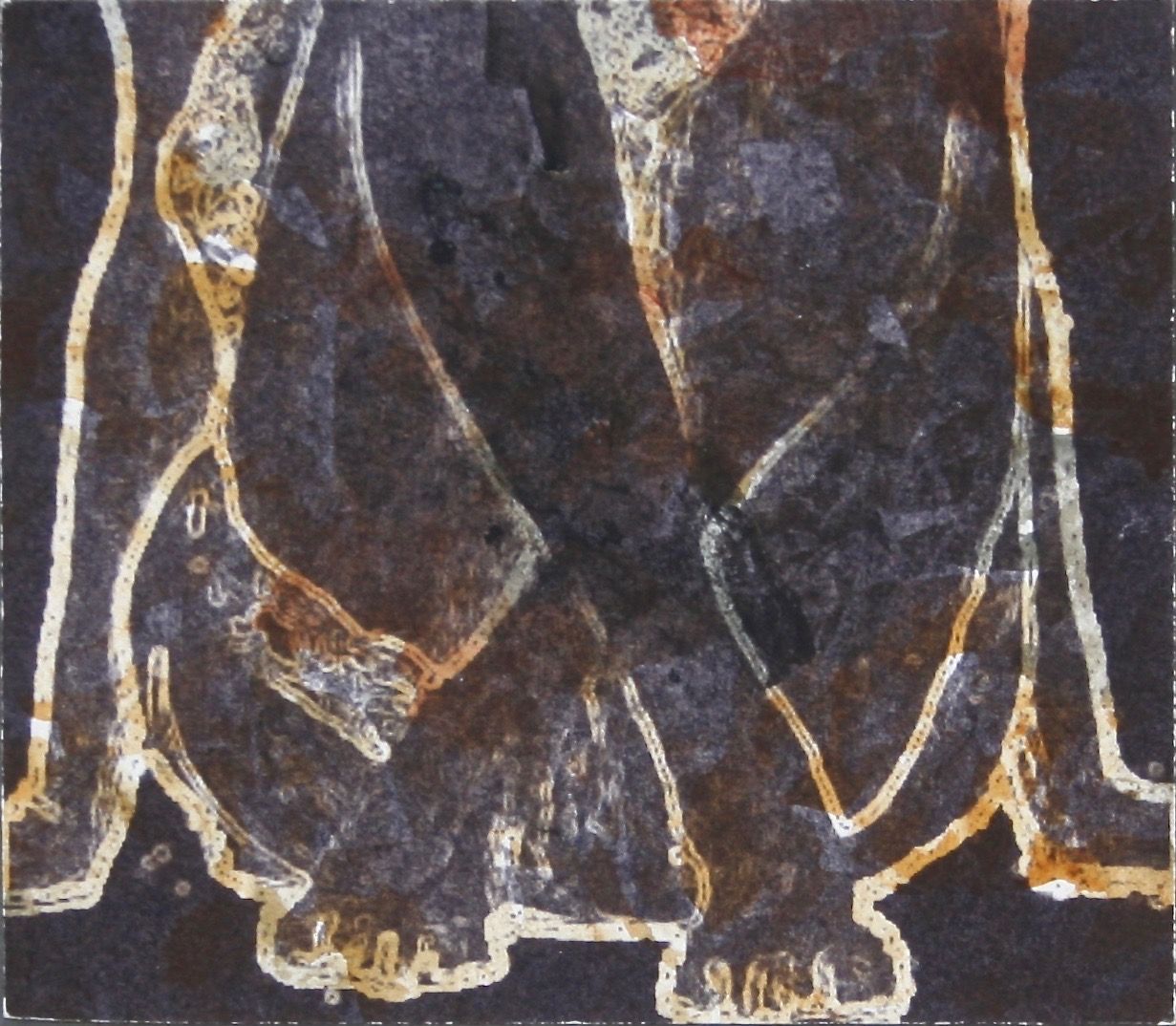 Mixed media work by Ennio Benaia depicting the crossed legs of a seated woman.