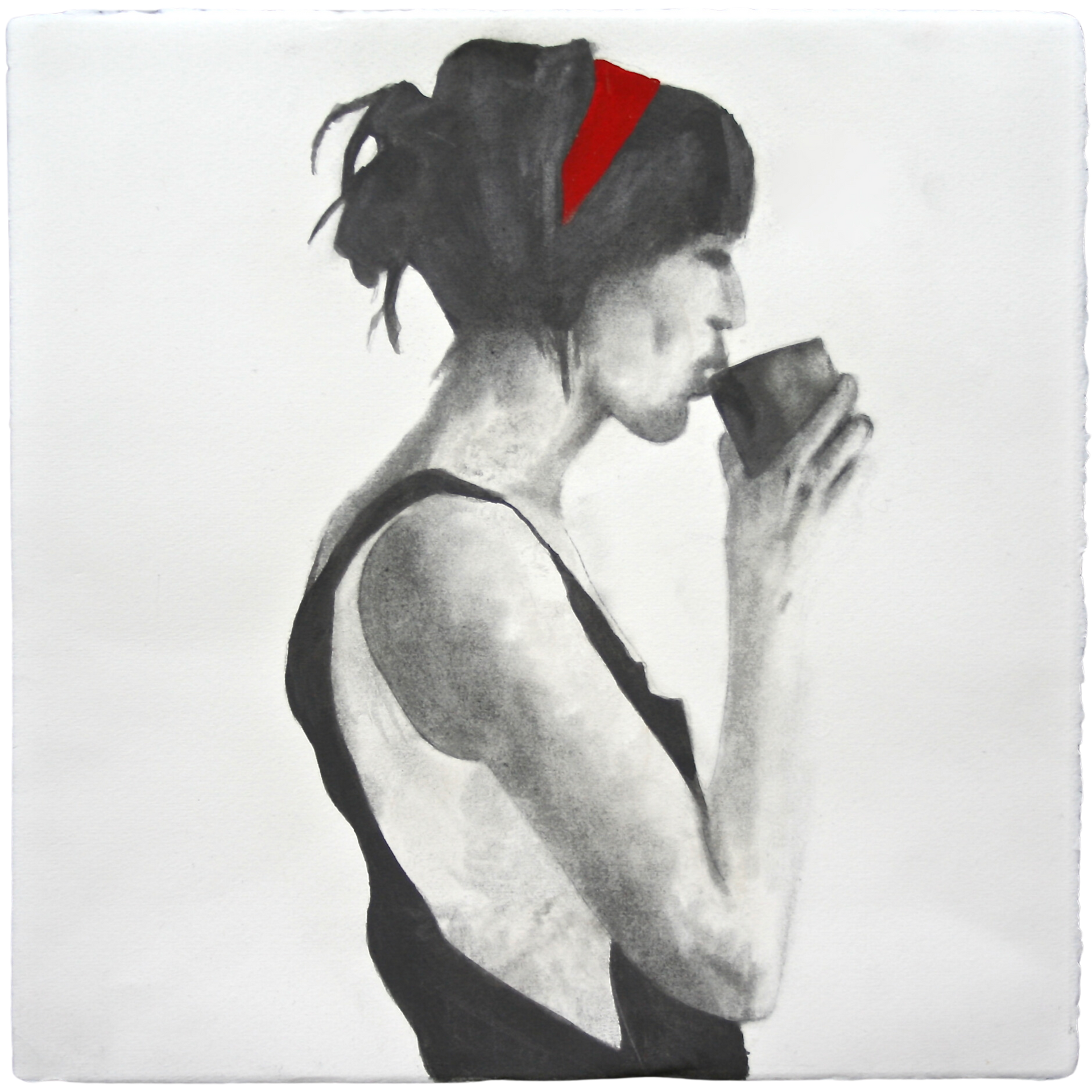 Black and white portrait of a young woman seen in profile, artwork by Ennio Benaia.