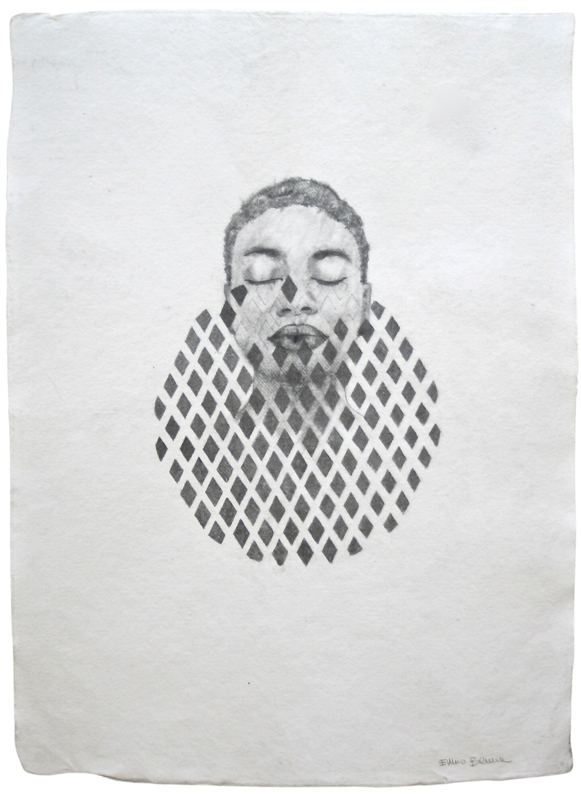 Drawing of a woman's face in meditation with geometric figures, artwork by Ennio Benaia