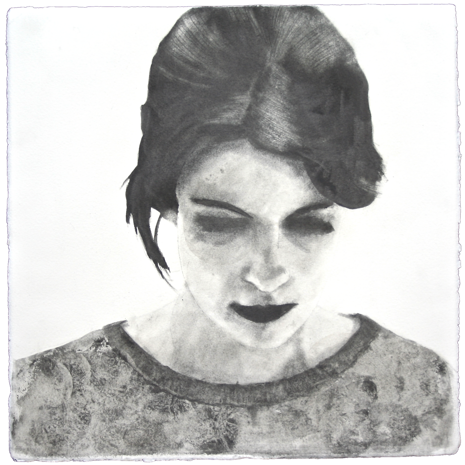 Black and white portrait of a young woman seen in front, artwork by Ennio Benaia.