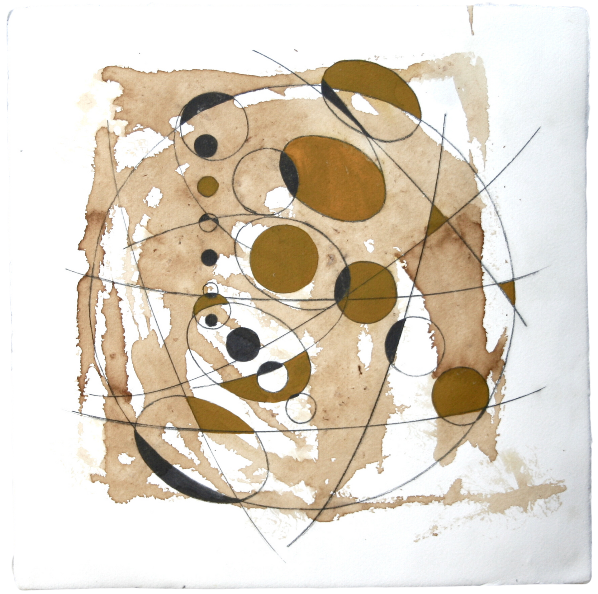 Abstract geometric artwork created using pencil, water-soluble graphite, and coffee.