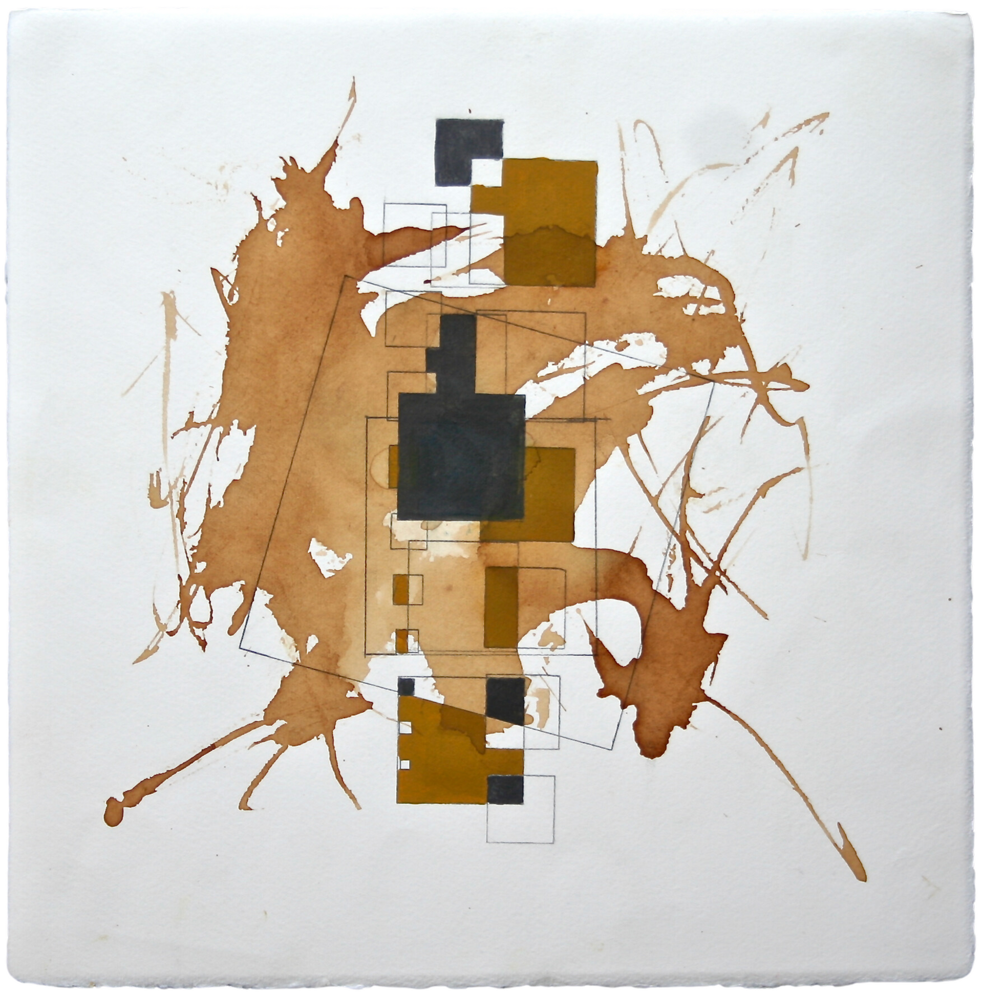 Abstract geometric artwork created using pencil, water-soluble graphite, and coffee.