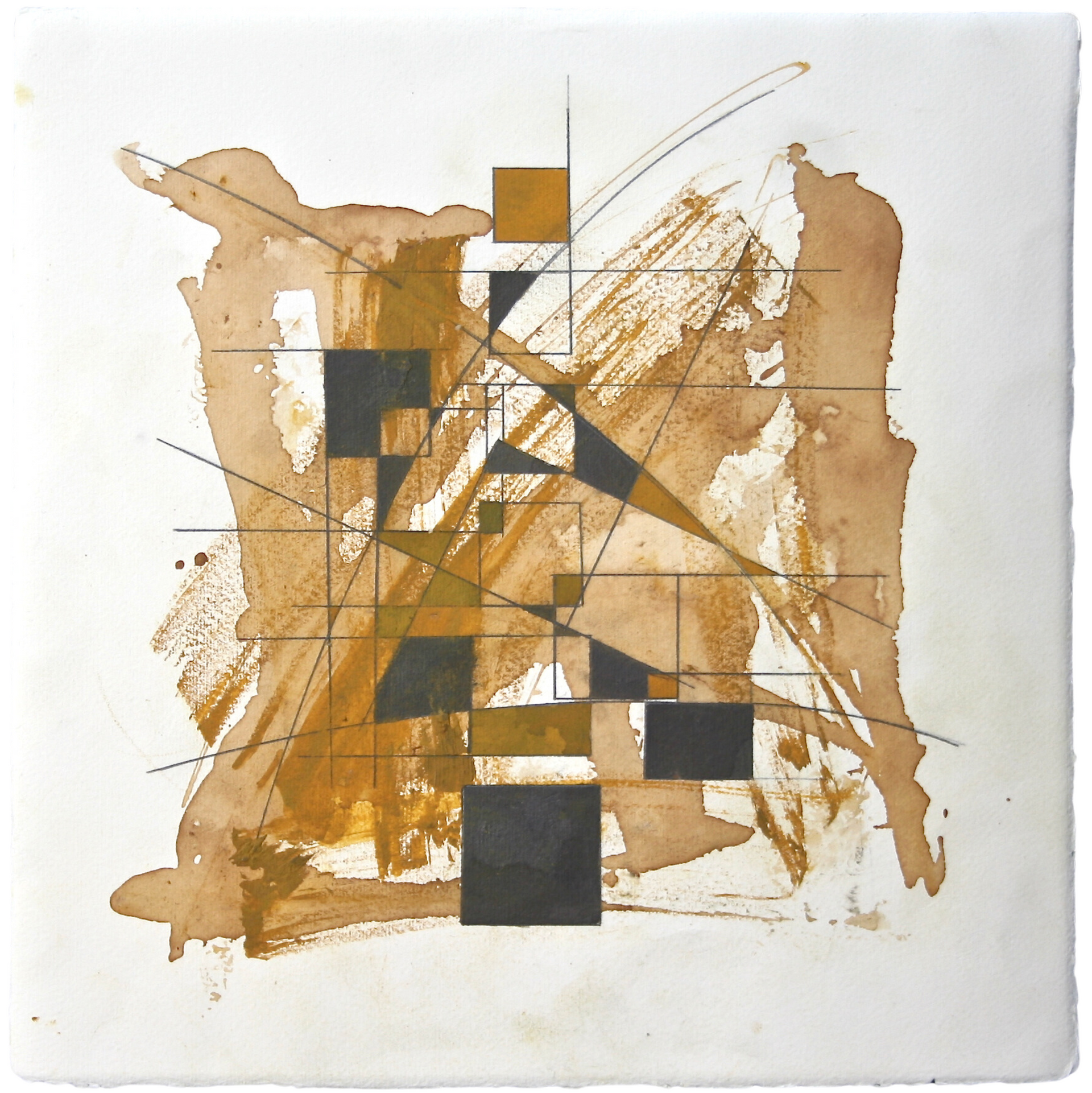 Abstract geometric artwork created using pencil, water-soluble graphite, and coffee.