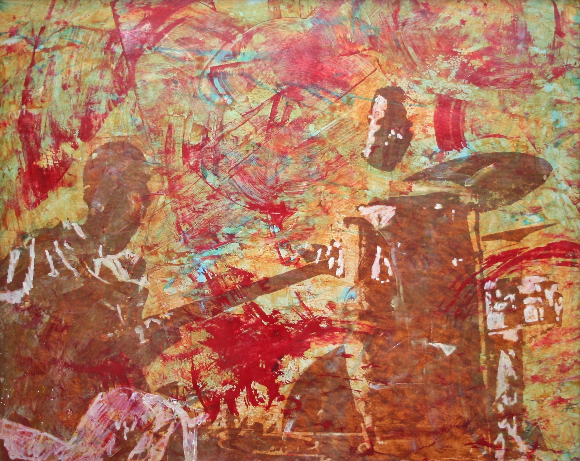 Mixed media artwork by Ennio Benaia portraying a percussionist in action, with bassist.