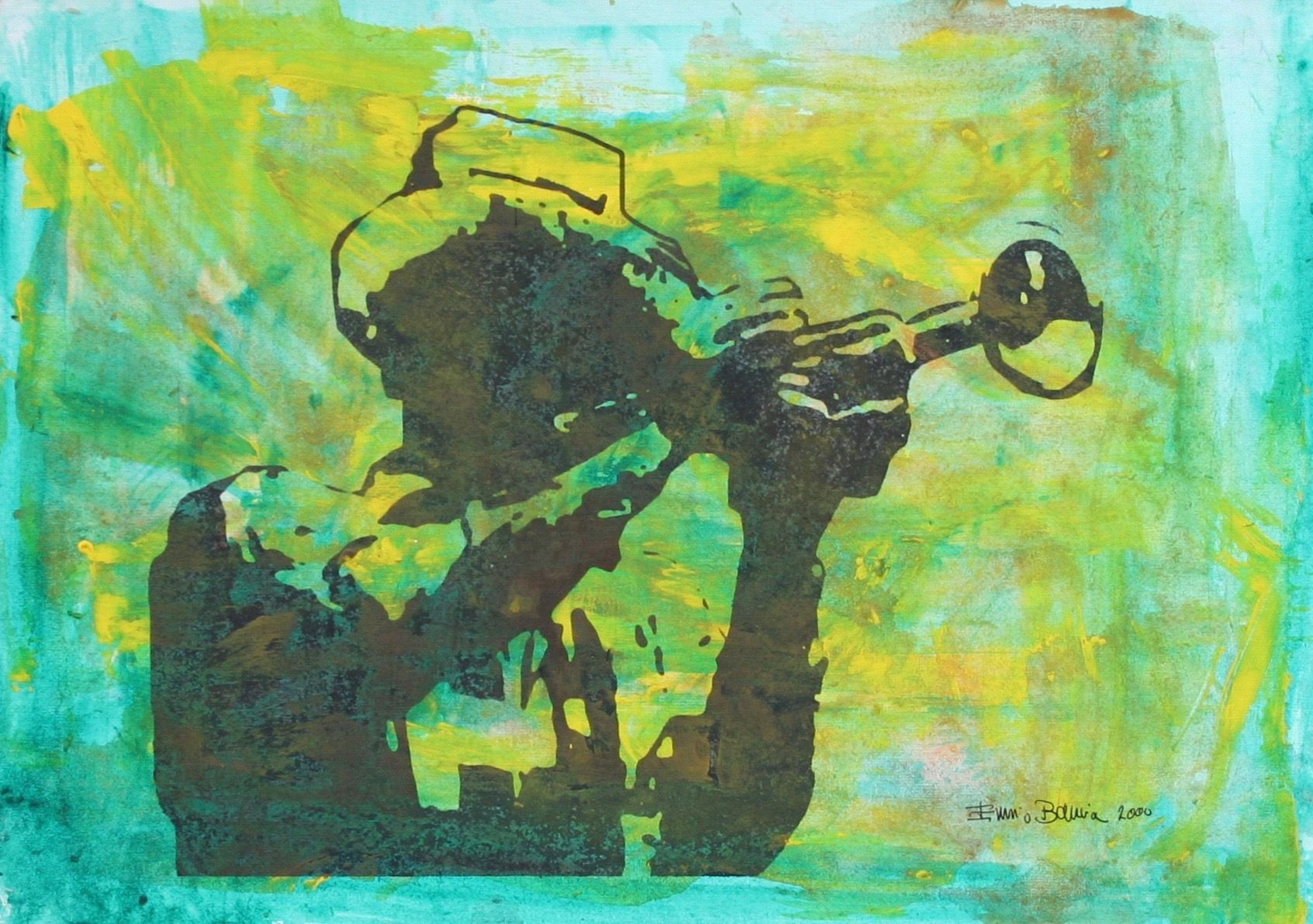 Mixed media artwork by Ennio Benaia portraying a trumpt player in action.