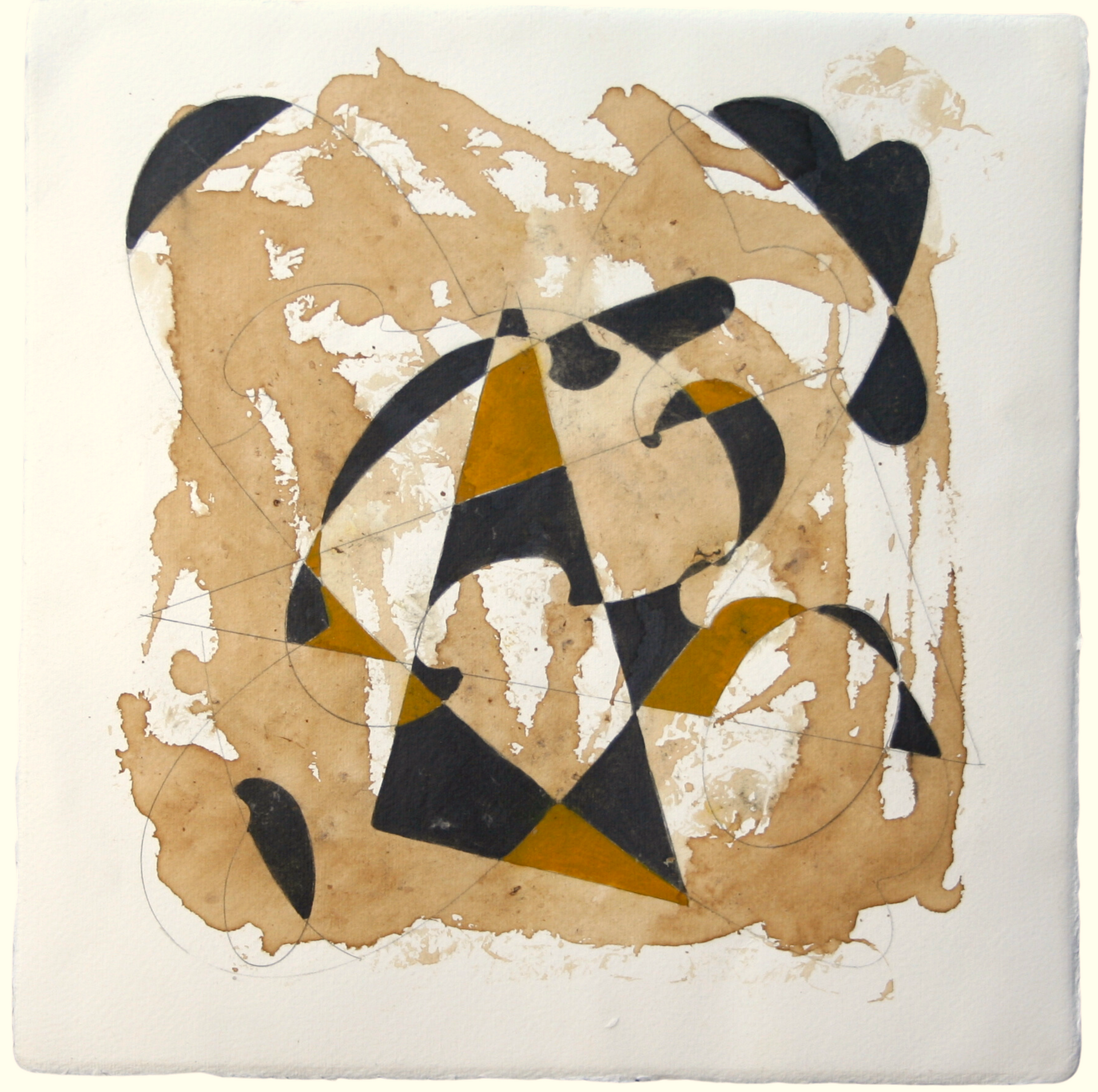 Abstract geometric artwork created using pencil, water-soluble graphite, and coffee.