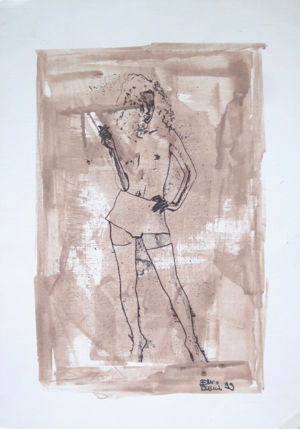 Mixed media work by Ennio Benaia depicting a woman smoking.