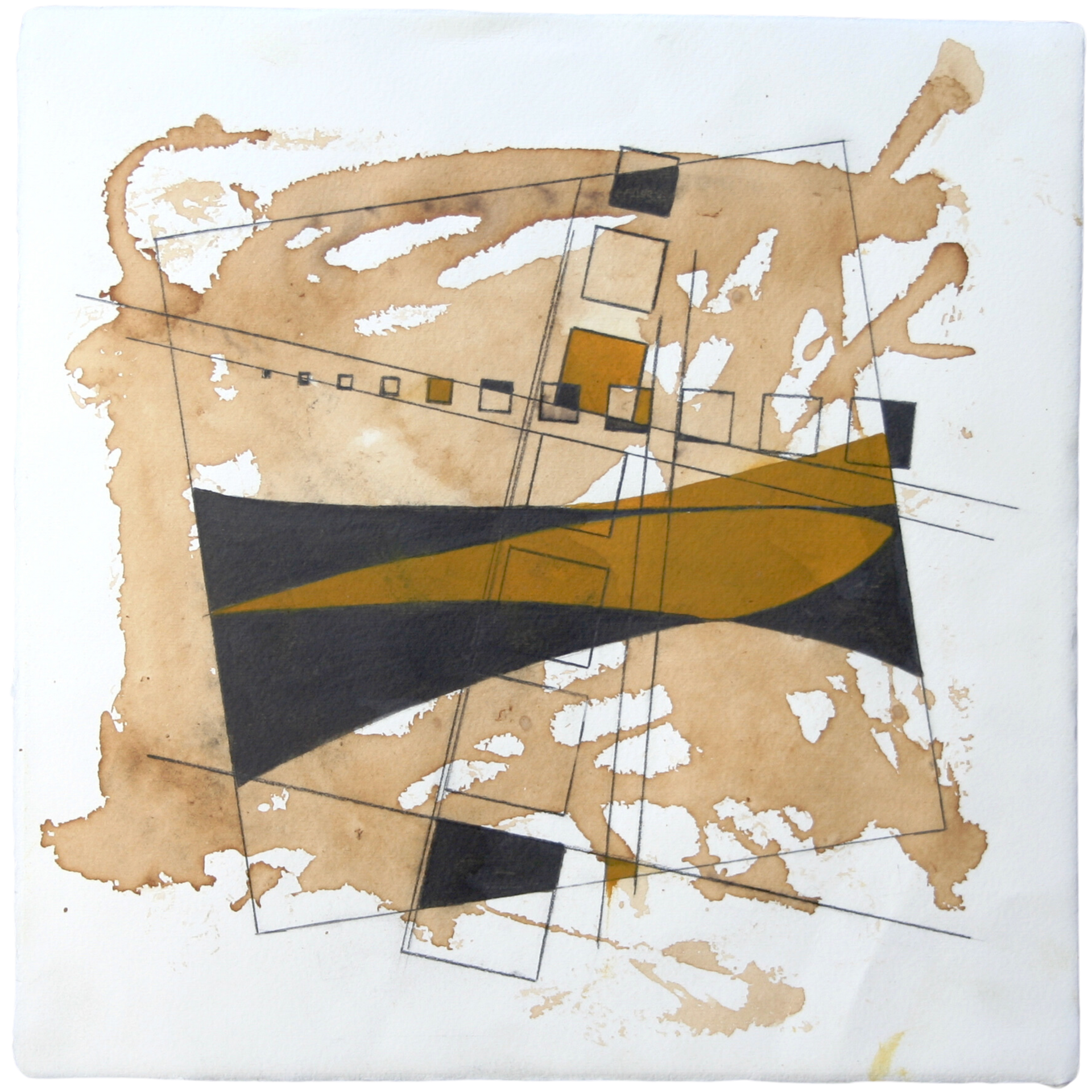 Abstract geometric artwork created using pencil, water-soluble graphite, and coffee.