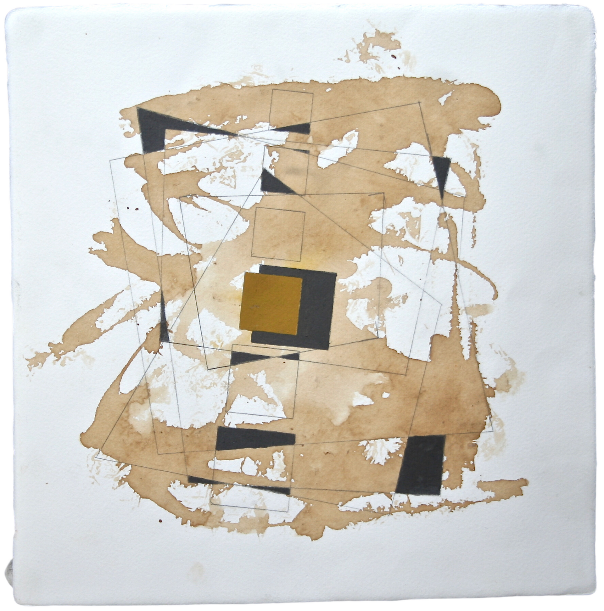 Abstract geometric artwork created using pencil, water-soluble graphite, and coffee.