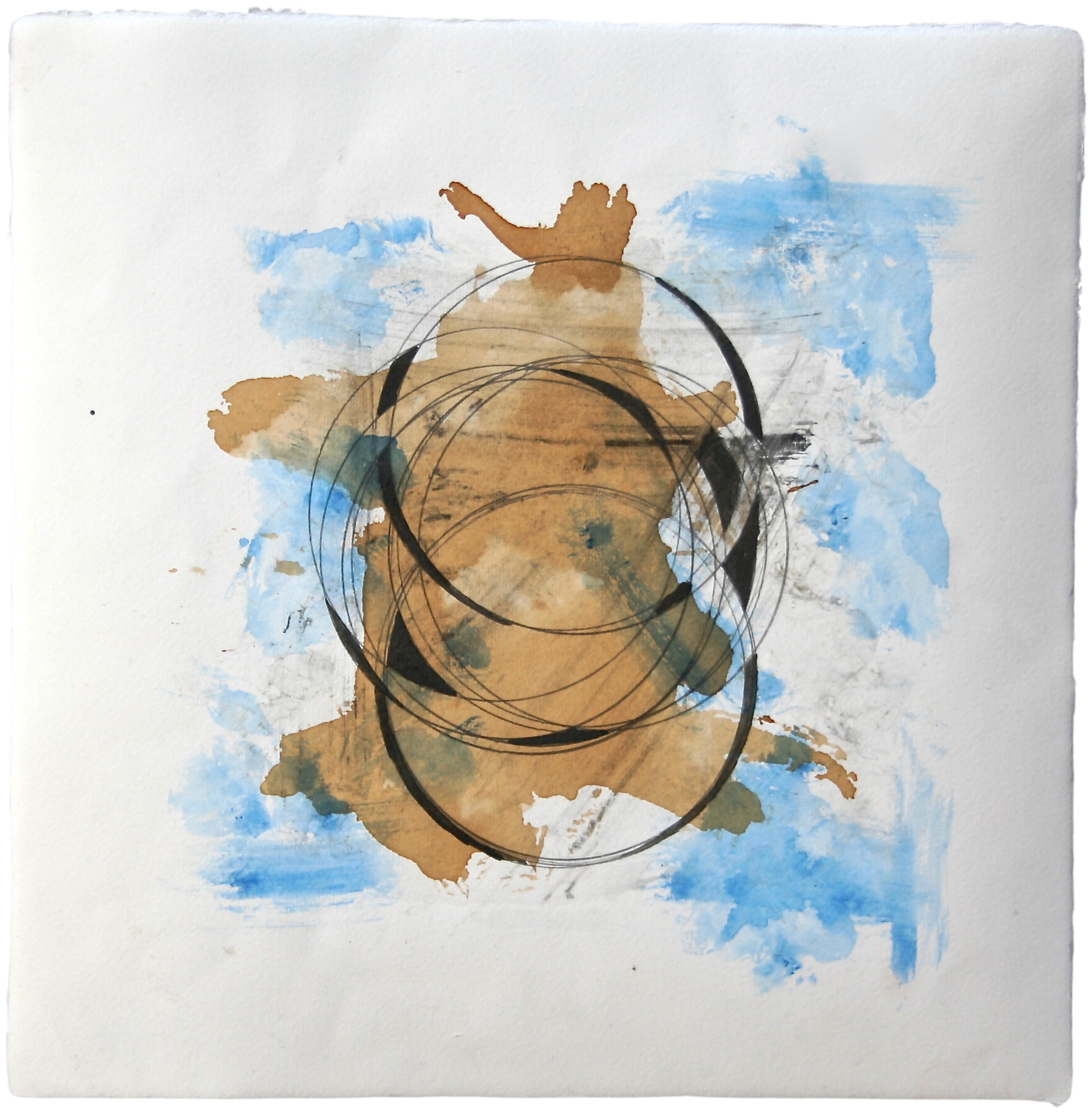 Abstract geometric artwork created using pencil, water-soluble graphite, and coffee.