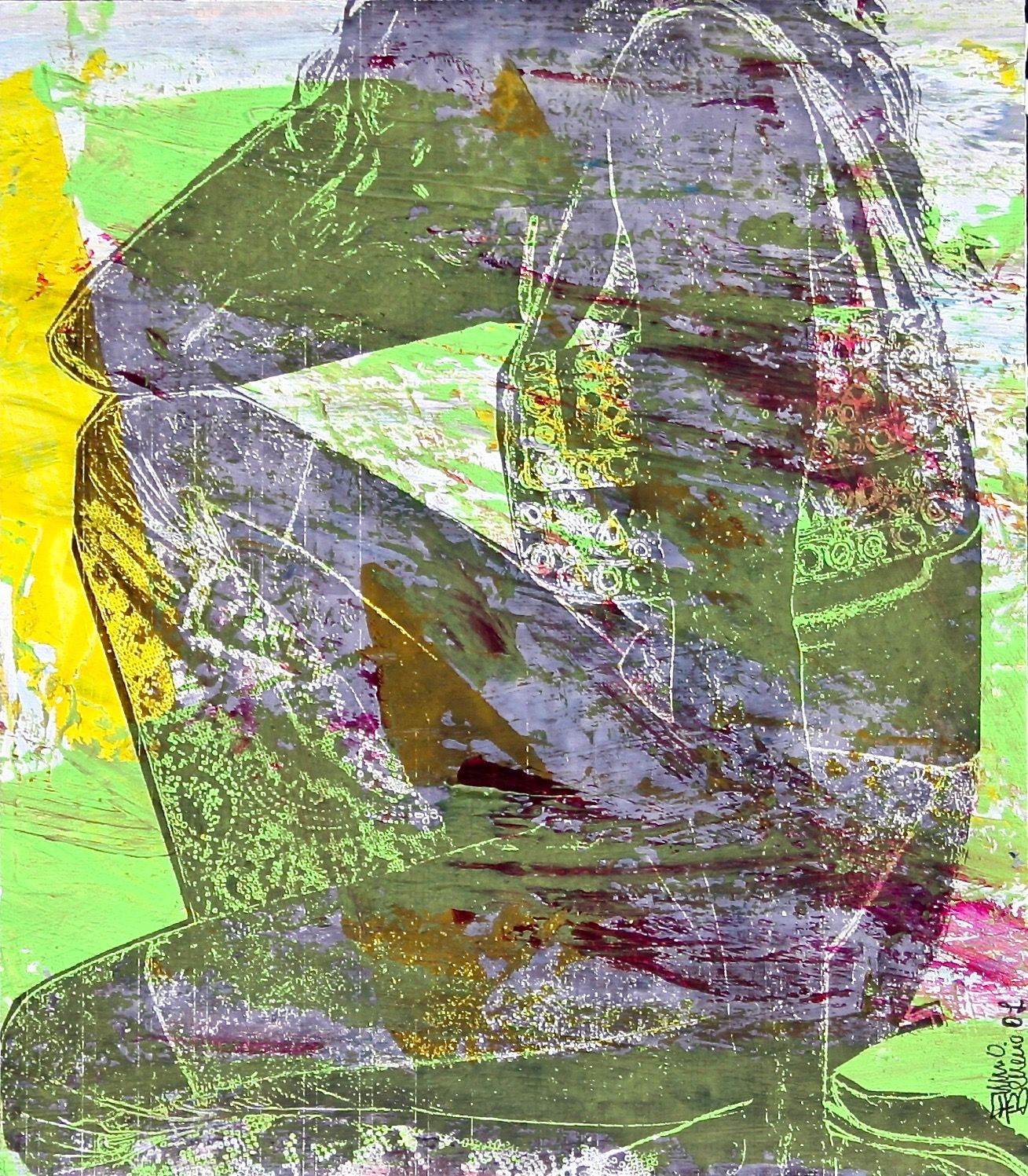 Mixed media work by Ennio Benaia depicting a woman in profile sitting on the ground.