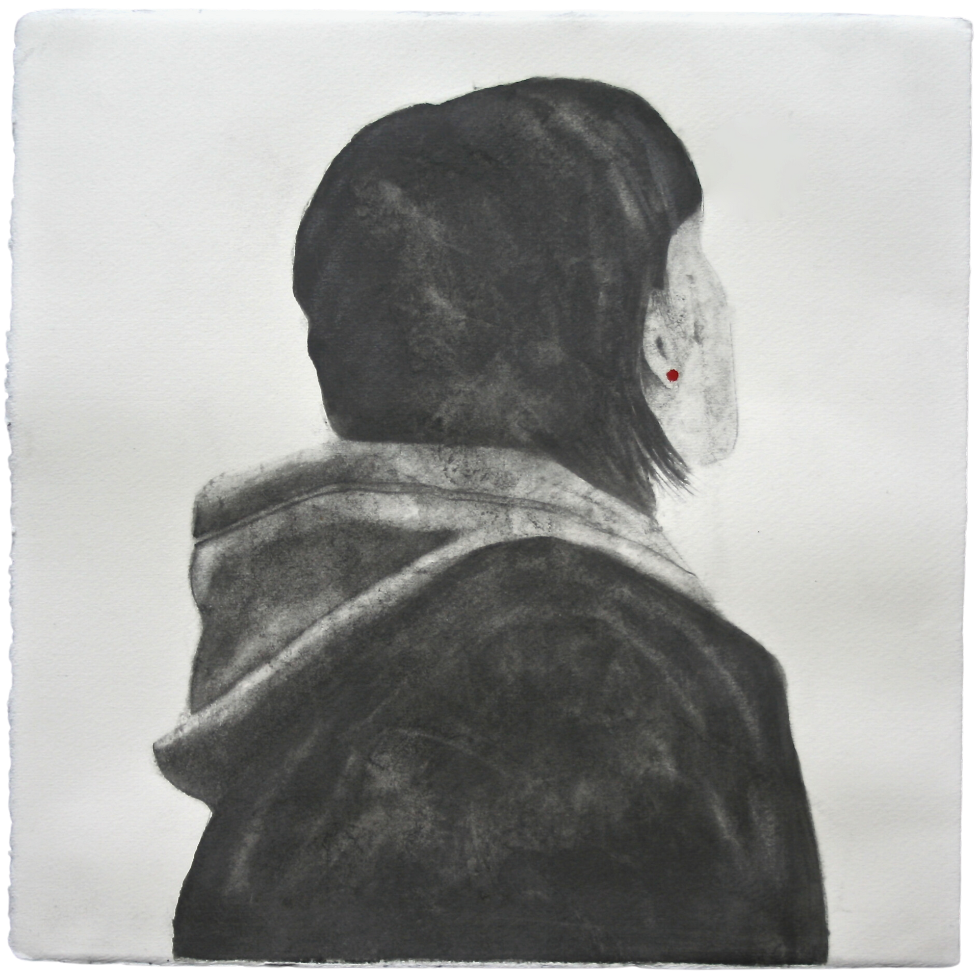 Black and white portrait of a young woman seen from behind, artwork by Ennio Benaia.
