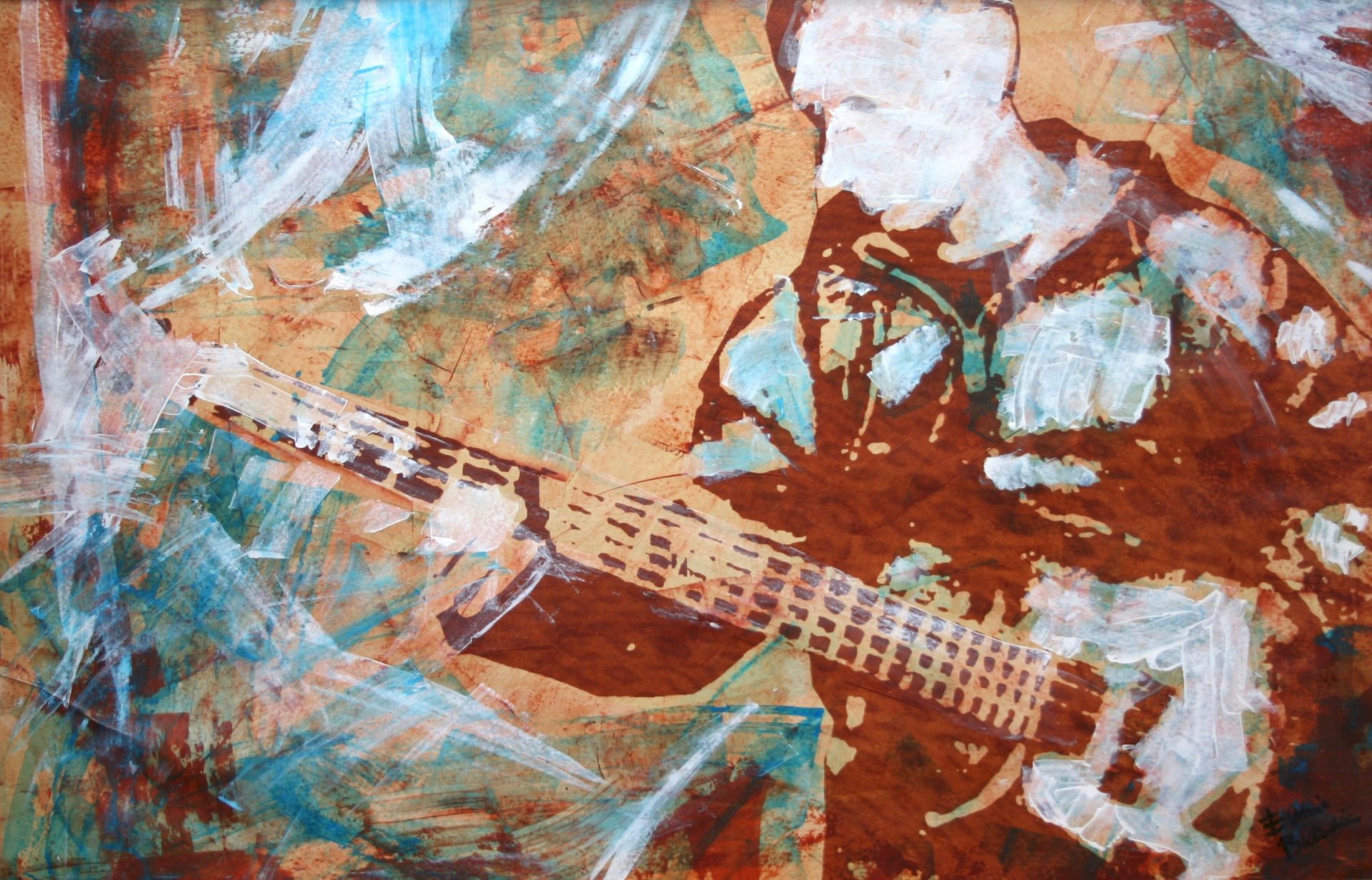 Mixed media artwork by Ennio Benaia portraying a bass player in action.