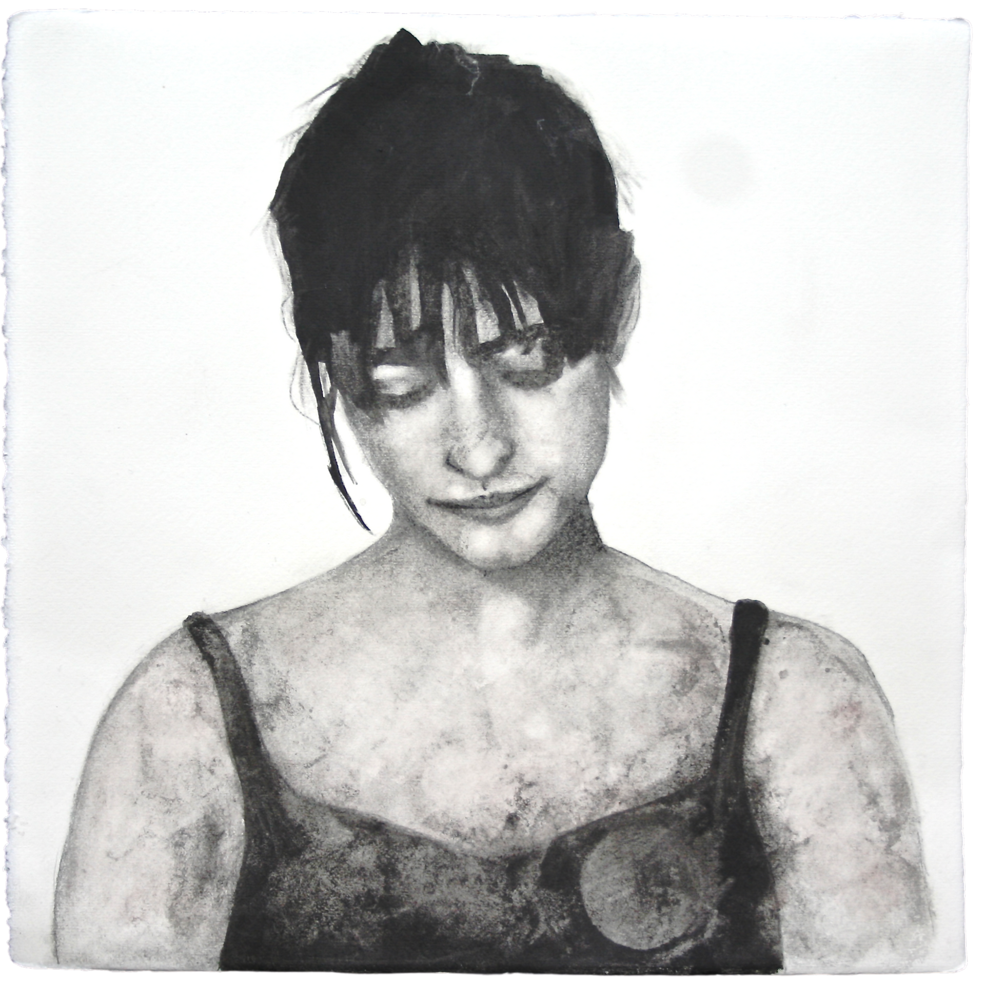 Black and white portrait of a young woman seen from profile, artwork by Ennio Benaia.