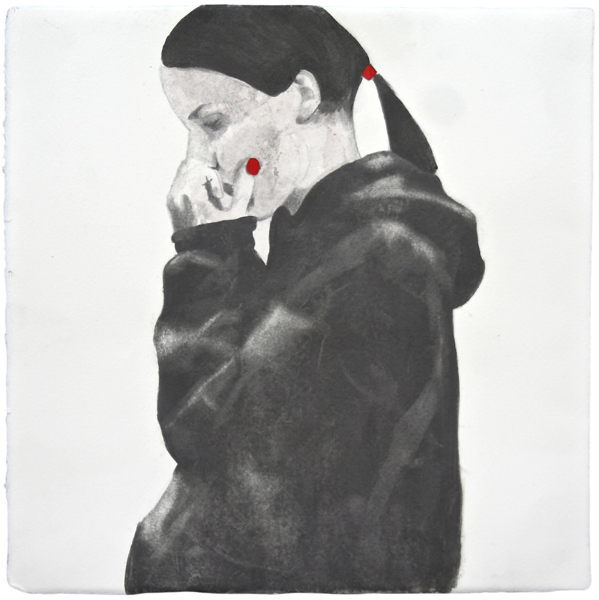 Black and white portrait of a young woman seen in profile, artwork by Ennio Benaia.