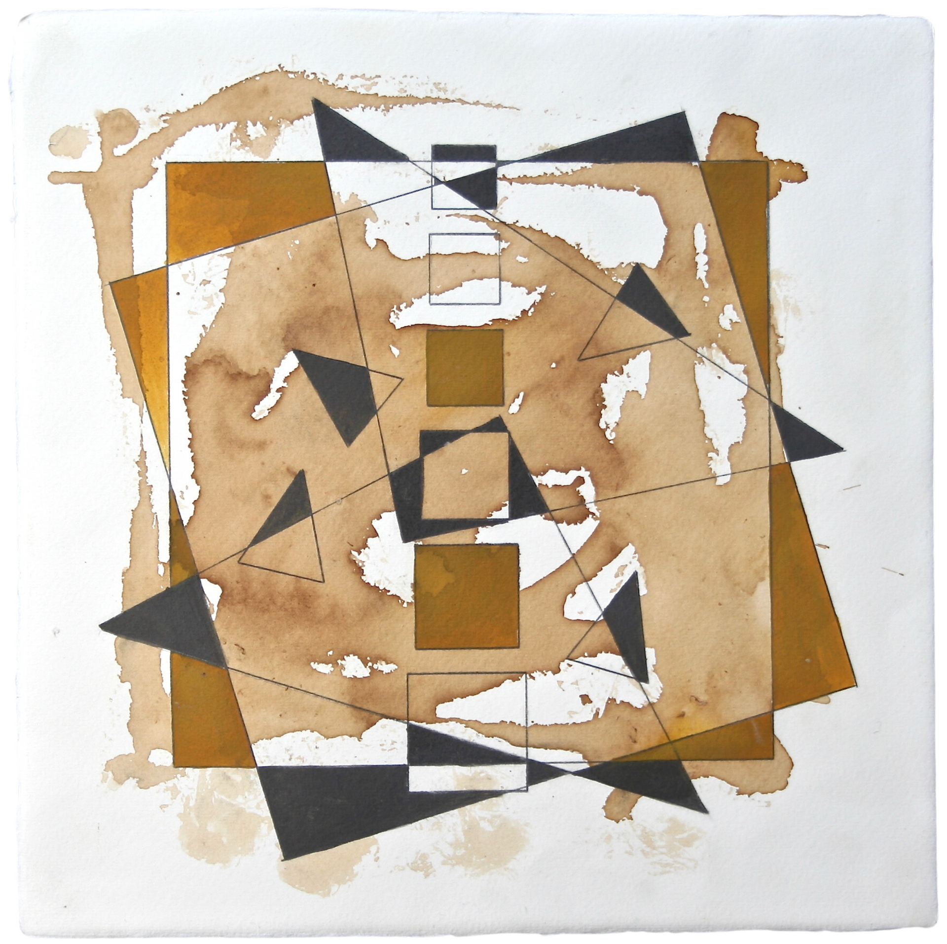 Abstract geometric artwork created using pencil, water-soluble graphite, and coffee.