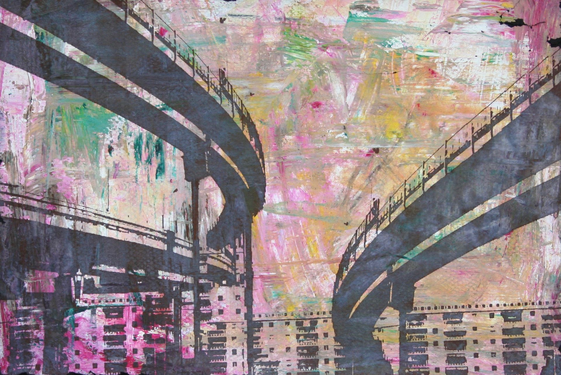 Mixed media artwork on paper by Ennio Benaia, featuring stylized industrial elements.