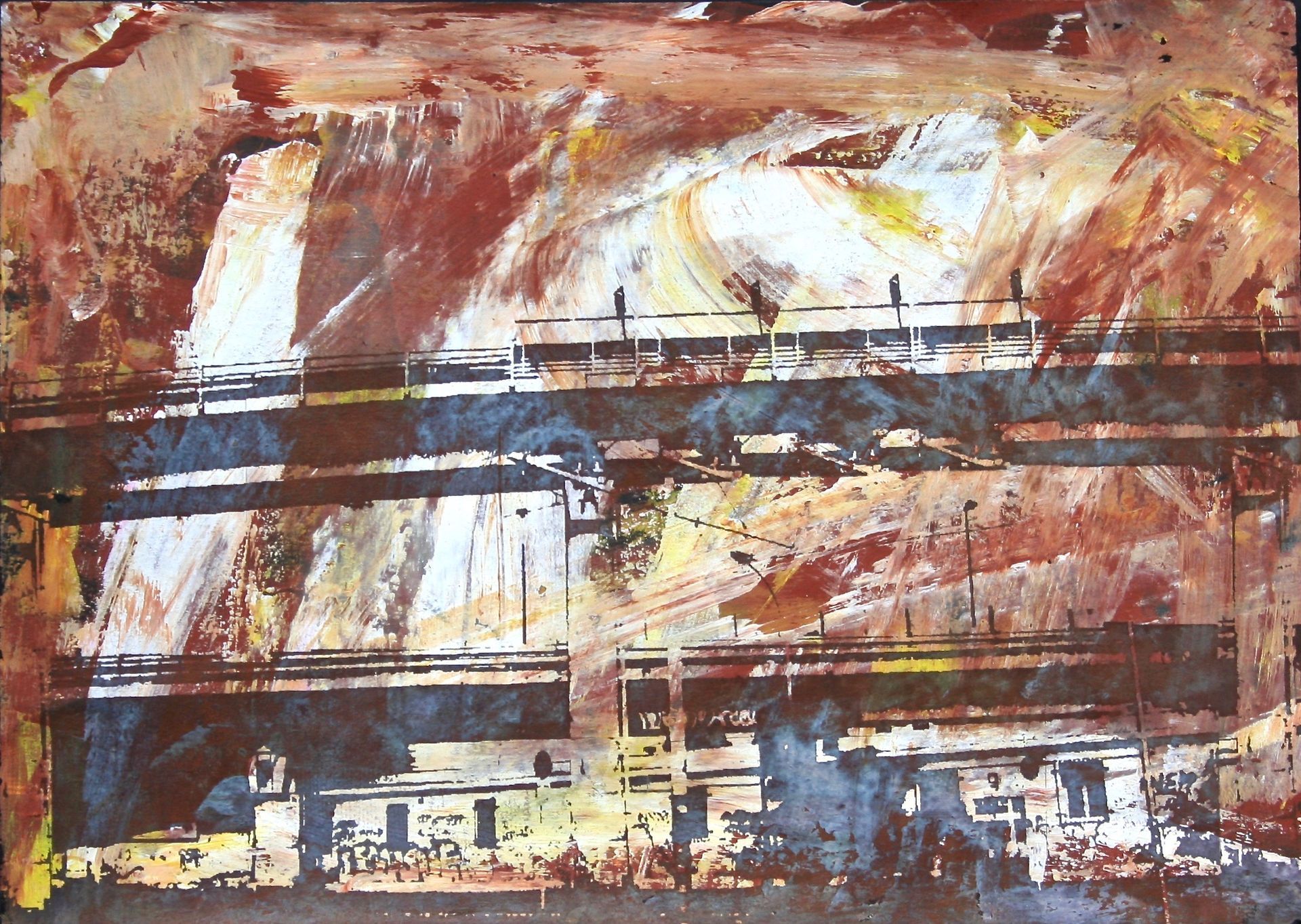 Mixed media artwork on paper by Ennio Benaia, featuring stylized architectural elements capturing the essence of a metropolis.